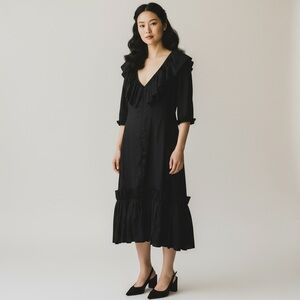 1950s Vintage Black Ruffle Midi Dress Handmade by Saks Fifth Avenue Seamstress